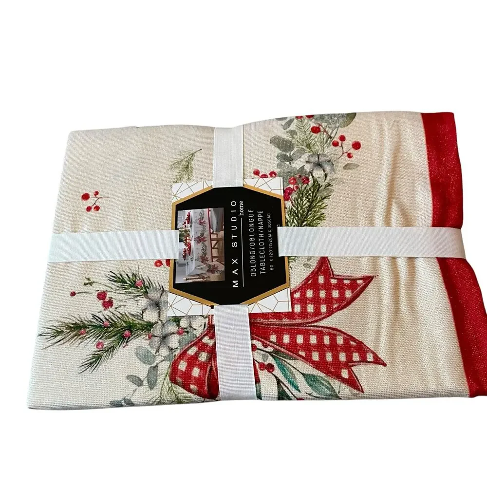 Max Studio Christmas Red Bows & Holly Holiday Tablecloth Oblong 60x120 New